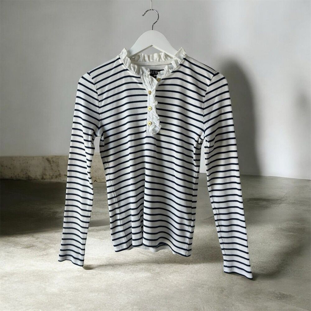J. Crew Navy White Striped Ruffle-Collar Long Sleeve Shirt Sz M Preppy Coastal